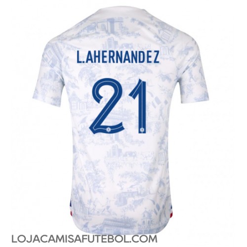 Camisa de Futebol França Lucas Hernandez #21 Equipamento Secundário Mundo 2022 Manga Curta